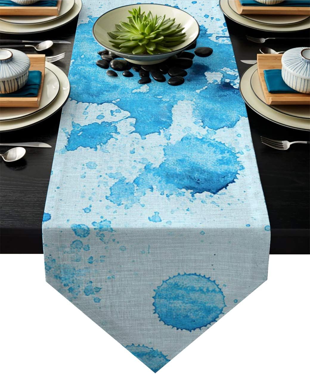 outdoor farmhouse table on Amazon Com Betterday Cotton Linen Table Runner Random Splash Of Blue Ink Burlap Table Runners For Party Wedding Dining Farmhouse Outdoor Picnics Table Top Decor 13x70 Inch Home Kitchen