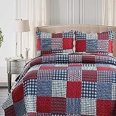 Hailea Red Blue Plaid Quilt Set King Size Country Patchwork Bedding Set Lightweight Reversible Bedspread Coverlet with Sham Soft All Season Bed Cover Set, 1 Quilt 2 Pillow Shams