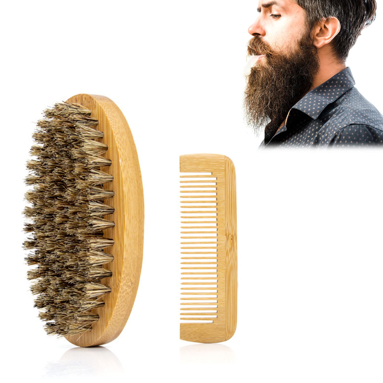 Beard Comb Brush Set, Boar Bristle Beard Comb Brush for Men, Boar Bristle Beard Brush for Men, Beards and Mustaches Grooming Set for Combing Beard Hair, Removing Debris, Massages Face