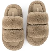 FamilyFairy Women's Fluffy Faux Fur Slippers Comfy Open Toe Two Band Slides with Fleece Lining and Rubber Sole