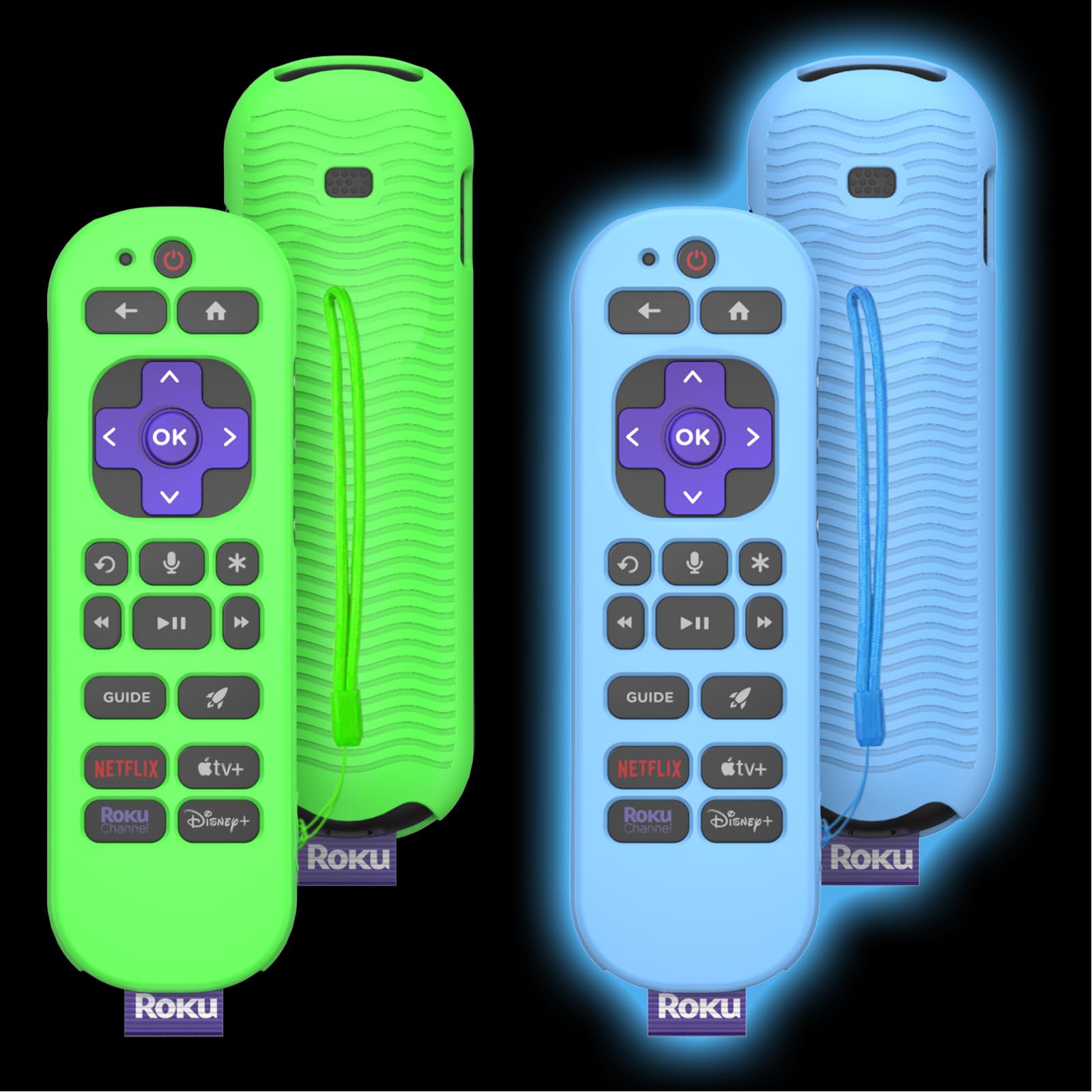 Photo 1 of [2 Pcs] Silicone Remote Case Cover for Roku Voice Remote Pro (2nd Ed.), Anti Slip Shockproof Remote Protective Sleeve for RCB1R(2024), Remote Protective Cover Case with Lanyard (Glow Blue+Glow Green)