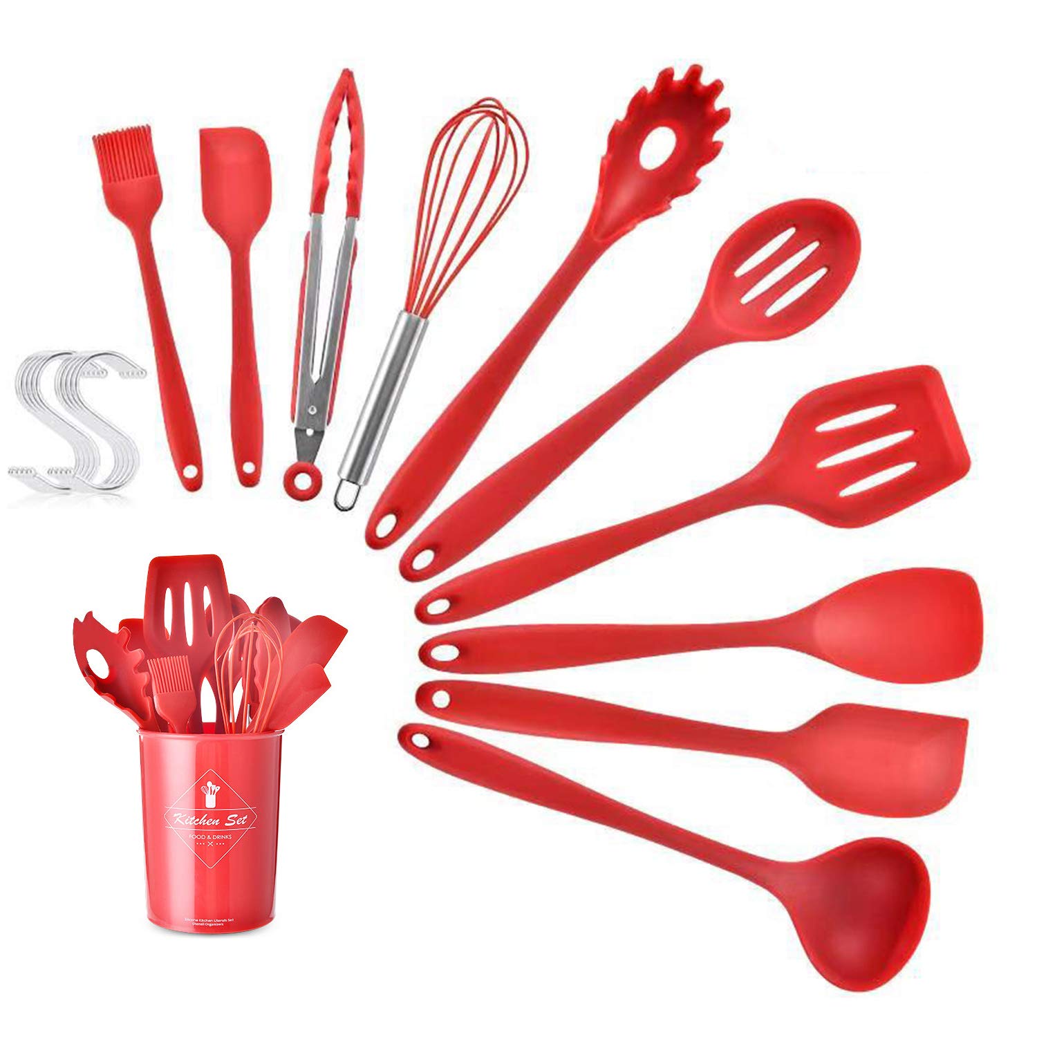 VanderHome Kitchen Utensils 10+11 Pcs Set Silicone Cooking Baking Set Spatulas and Spoons Set, Red