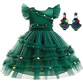 GRAJTCIN Girls Christmas Tree Dress Elf Christmas Costume with Glasses Kids Xmas Birthday Holiday Party Outfit