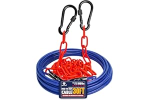 WATFOON Dog Tie Out Cable - 20/30/40/50 FT Heavy Duty Steel Wire Leash Cable with Metal Chain - Training Tether for Dogs Up to 100 Pounds - Reflective Dog Tether for Yard, Camping, Park (Blue Red, 30ft)