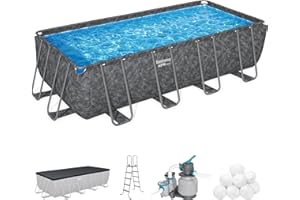 Bestway APX 365 18' x 9' x 52" Rectangular Above Ground Swimming Pool Outdoor Backyard Framed Pool Set with Sand Filter Pump, Ladder, and Cover, Gray