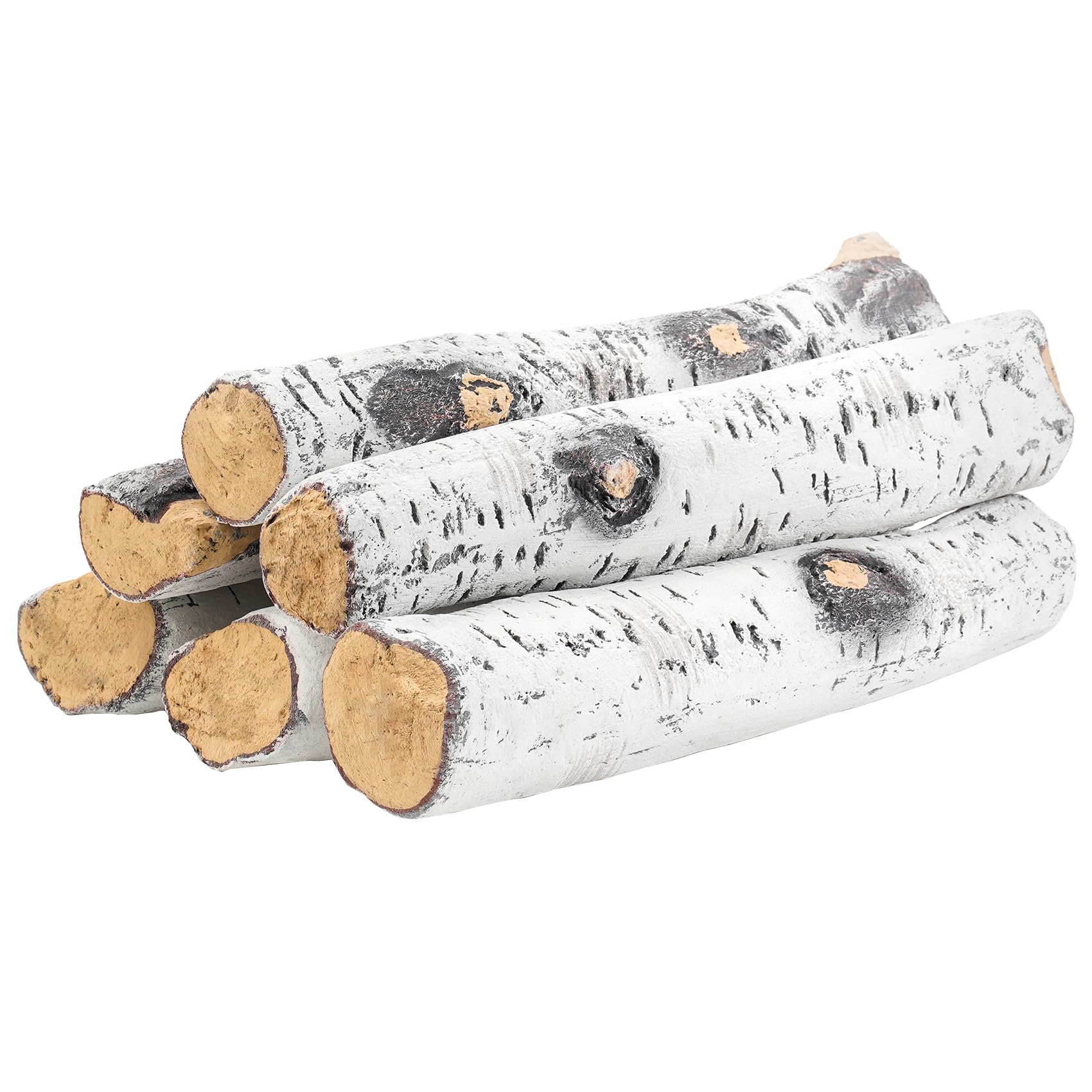 Skyflame 6 Piece Set of Gas Fireplace Logs, Large White Birch Ceramic