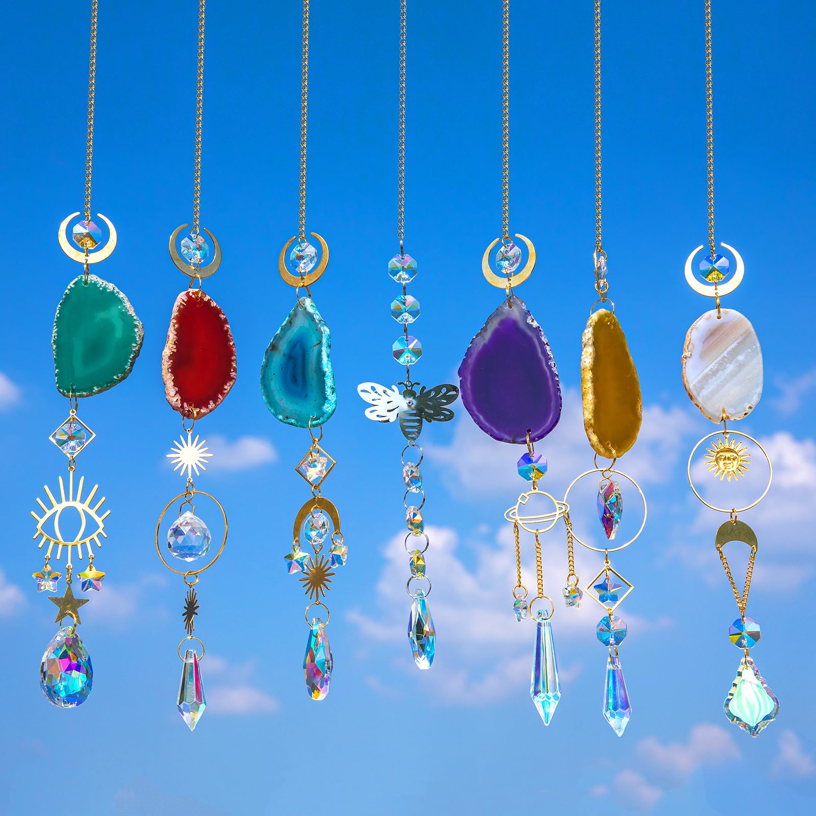 Sun Catchers for Windows, BlumWay 7pcs Suncatchers Crystal Hanging Wind Chimes, Suncatcher for Window Home Decoration Garden Ornaments Outdoor Garden Light Prisms Agate Discs Bee