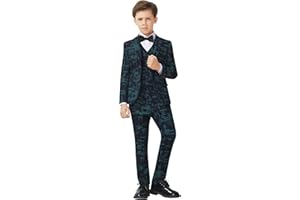 Marvelous World Boys' 4-Piece Slim Fit Printed Tuxedo Suit Set, Jacket, Vest, Pants and Bow tie