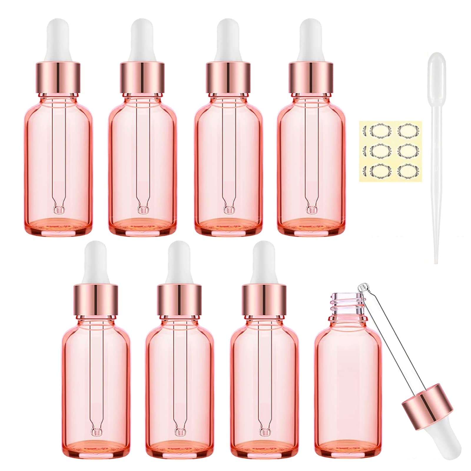 Alledomain 8Pcs, 15Ml Rose Gold Glass Bottles with Dropper Pipettes, Empty Eye Dropper Bottles Rose Golden Cap Refillable Sample Container for Essential Oils/Massage Oils/Body Oil/Chemical Liquid