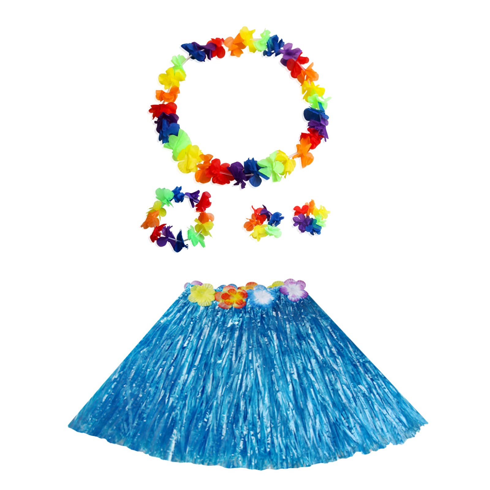 Party Hula with Wreath, Hawaiian Grass Hula Skirt, Hawaiian Party Costume Set, Grass Skirts Suitable for Cheerleading, Theme Parties, Birthday Parties, Carnival Parties, 40 cm (Blue)