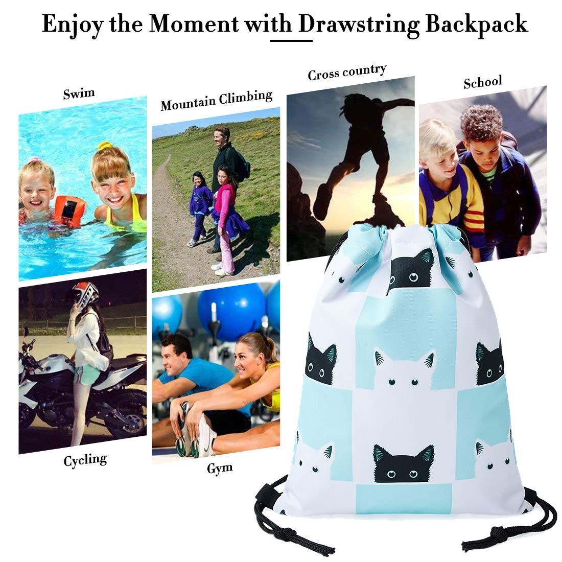 TUONROAD Pretty Cute Design Animal Print Drawstring Backpack Teal White Grid Black Cat Waterproof Lightweight Heavy Duty String Cinch Bag Sack Pack for Toddler Children Kids Girls Boys
