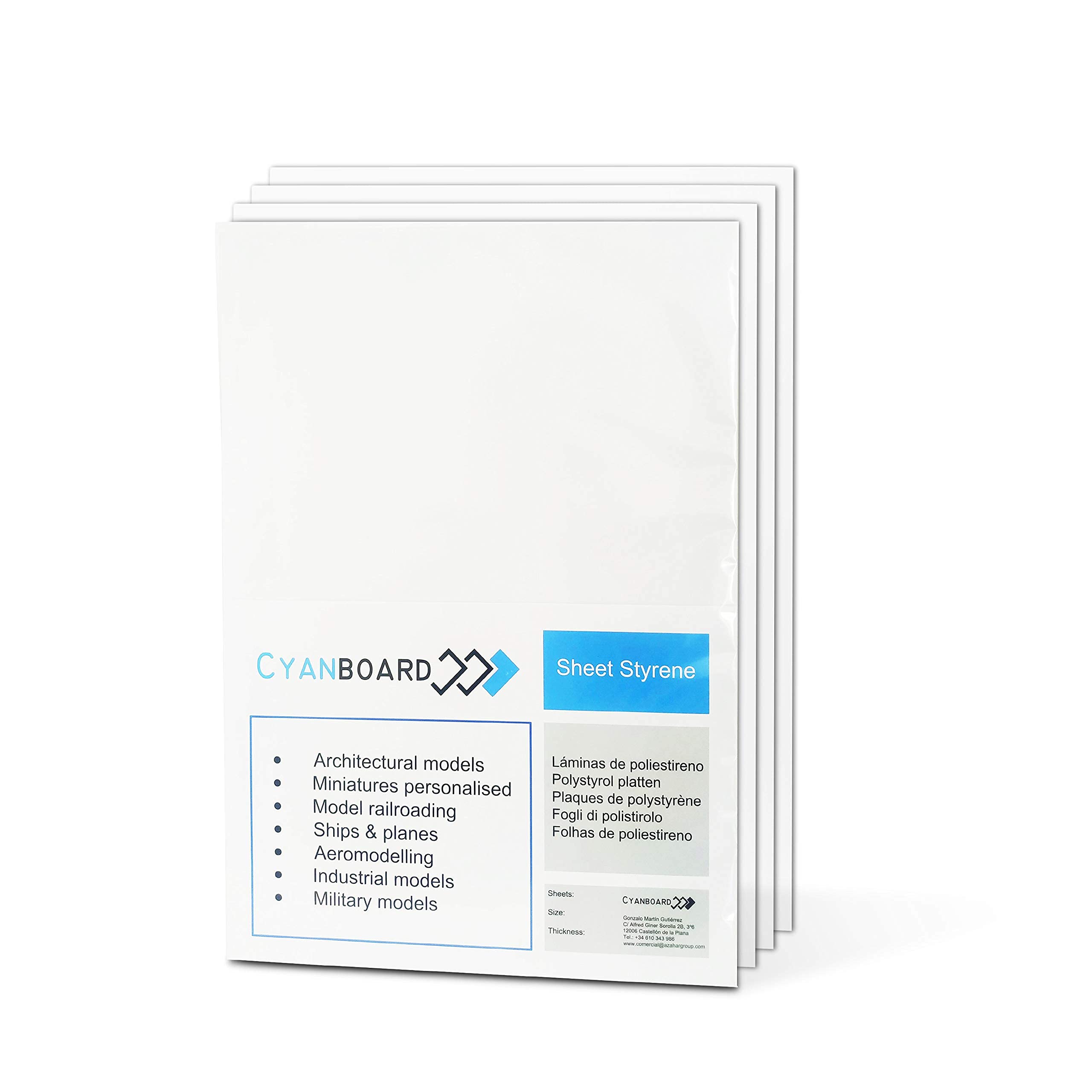 Cyanboard, Rigid White Polystyrene Plates - 3 x A4 (297mm x 210mm) - Plastic for model making and model making, thickness 1mm.