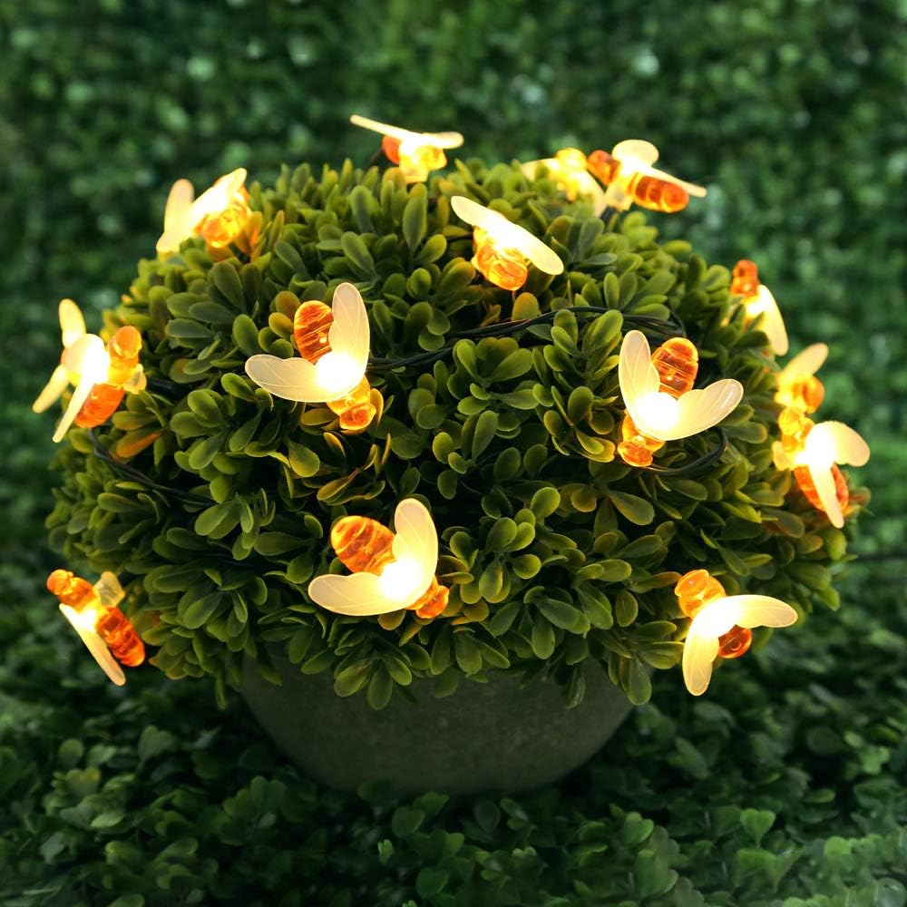 GLAMOURIC 16ft 20LED Solar String Light Outdoor Waterproof Simulation Honey Bees Decor for Garden, Patio, Yard Decoration, Wider Solar Panel (Warm White)