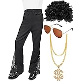 Mens 70s Disco Costume 70s Outfits Disco Pants Bell Bottom Pants with Wig Sunglasses Necklace for Mardi Gras Cosplay Party