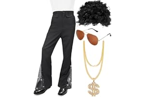 COUME Mens 70s Disco Costume 70s Outfits Disco Pants Bell Bottom Pants with Wig Sunglasses Necklace for Halloween Cosplay Party