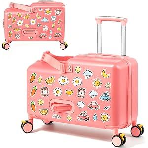 Upgrade 20" Ride on suitcase for kids, kids ride on luggage with Kid Seat and cartoon stickers, Help Your Child Relax, Foldab