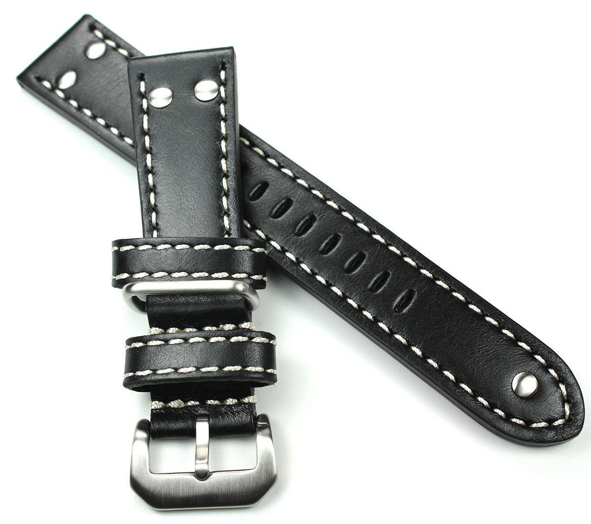 22 mm aviator leather strap for watches, wristband, military, Nato, pilot, aviator style strap, extra strong, genuine leather, black, AW