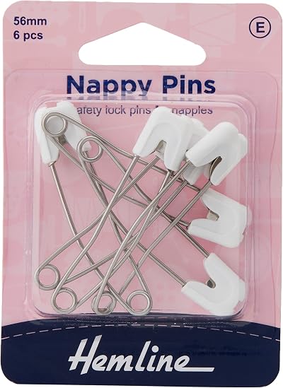 Hemline White Plastic Japanese Style Nappy Pins 56mm 6 Pieces