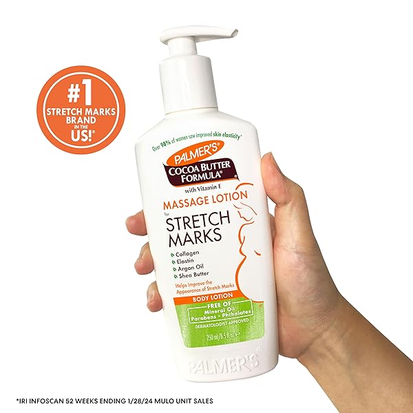 PALMER’S COCOA BUTTER FORMULA MASSAGE LOTION FOR STRETCH MARKS, PREGNANCY SKIN CARE, BELLY CREAM WITH COLLAGEN, ELASTIN, ARGAN OIL AND SHEA BUTTER, 8.5 OUNCES