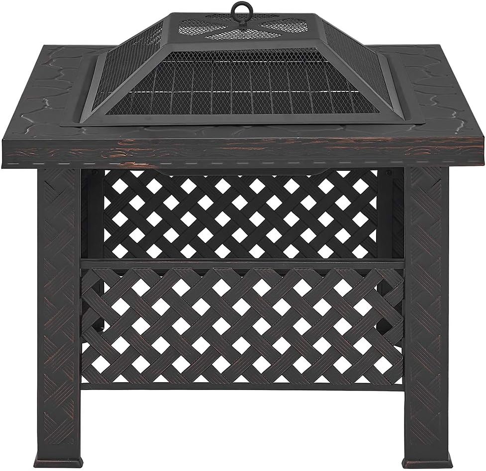 Barton 26'' Outdoor Fire Pits BBQ Square Firepit Table Patio Stove Wood Burning Fireplace Spark Screen Cover, Poker BBQ Grill : Garden & Outdoor