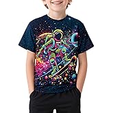 Zypynith Astronaut Neon Shirts for Boys 5-14 Years, Crew Neck 3D Short Sleeve Fashion T-Shirts for Kids Graphic Tees