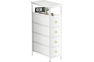 YILQQPER Narrow Dresser for Bedroom, Vertical Chest of Drawers with Shelf & 4 Drawers, Slim Dresser Storage Tower with Wood Top, Sturdy Frame, Leather Faux for Narrow Space, Bathroom&Laundry(White)