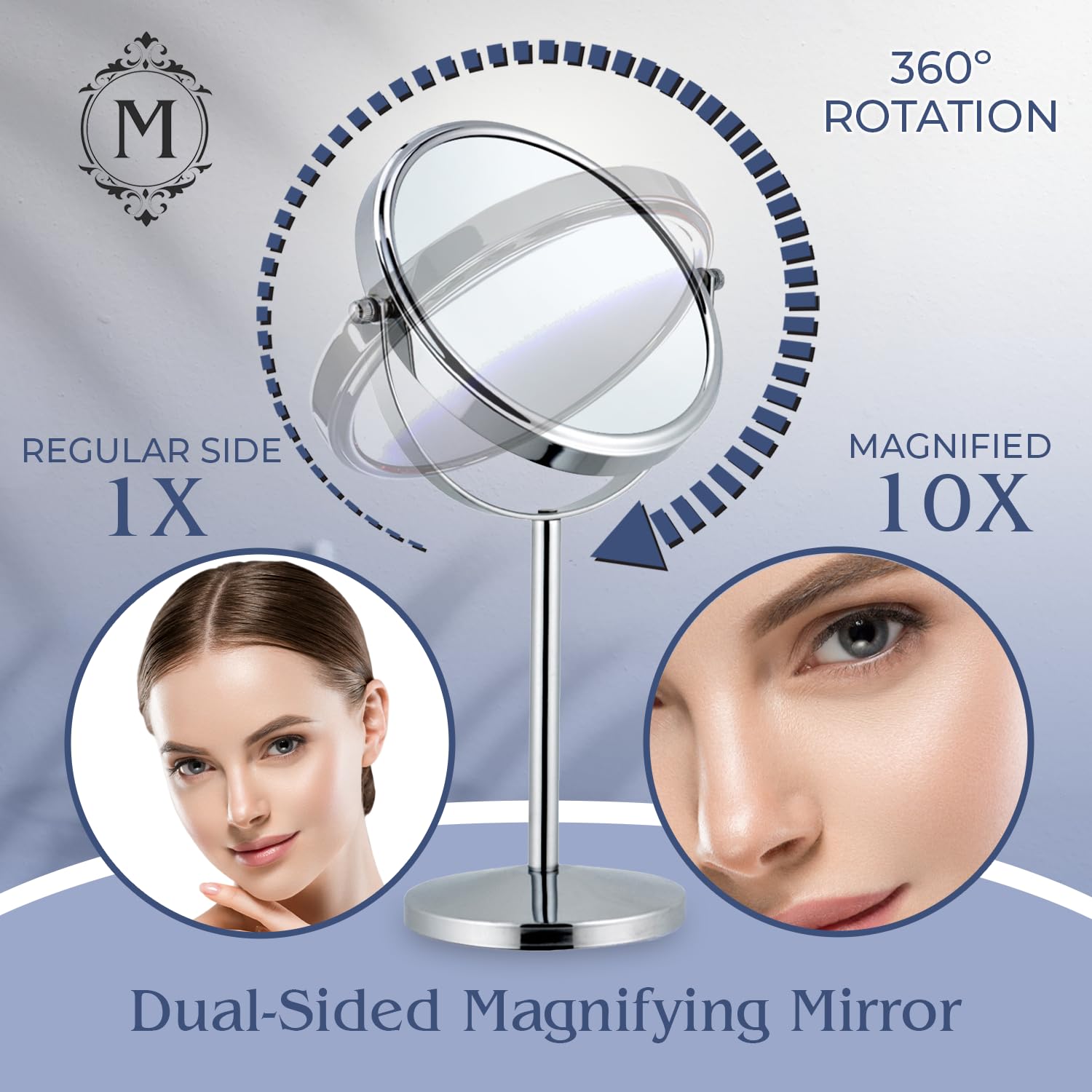 10X Magnifying Makeup Mirror on Round Stand for Tabletop, Bedroom Vanity Desk and Bathroom Counter - Free Standing Double Sided 10X/1X Magnification Mirror - 7