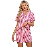 LYCY Women's Striped Pajamas Set, Cute Button Down Short Sleeve Pjs 2 Piece Notch Collar Sleepwear Summer