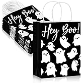 Chiisong 24 Pcs Halloween Hey Boo Ghost Paper Gift Bags with Handles Medium White Ghost Party Favor Bags for Halloween Home Table Party Supplies