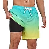 SILKWORLD Mens Swim Trunks 2 in 1 Quick Dry Bathing Suit with Compression Liner Beach Shorts with Zipper Pockets