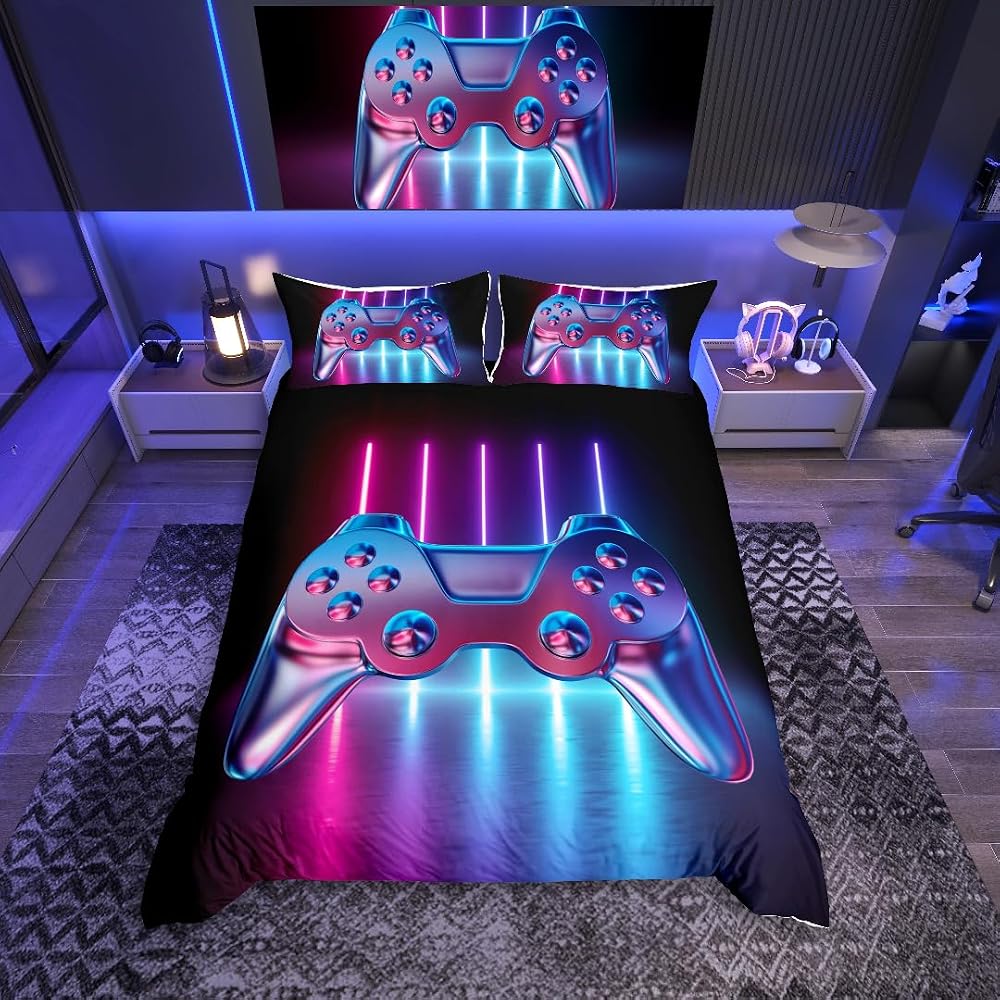 Loussiesd Gaming Bedding Set Duvet Cover Kids Teens Modern Gradient Buttons
