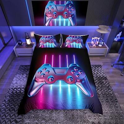 Loussiesd Gaming Bedding Set Duvet Cover Kids Teens Modern Gradient Buttons