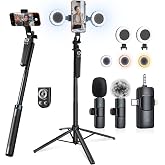 Content Creator Essentials Vlogging Kit for iPhone, Tripod &amp; Wireless Mic | 71" Tripod with light, remote, selfie stick, phone stand. Designed for TikTok, YouTube, video recording