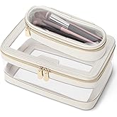 Soimeat Travel Clear Makeup Bag with Makeup Brush Bag, Leather Make up Case Toiletry Bag, Portable Cosmetic Bag Case, Transparent Waterproof Cosmetic Organizer Storage Bag for Women, Off-White