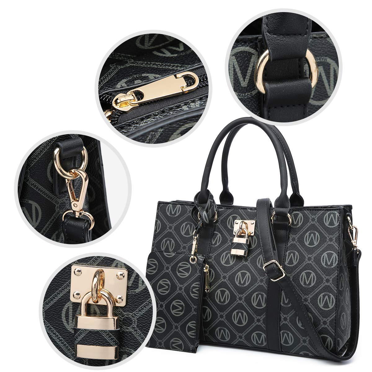 MKP Women Fashion Top Handle Handbags Purses Satchel Tote M Signature Padlock Shouler Bags Work Bag with Wallet Wristlet Set 2pcs (Black)