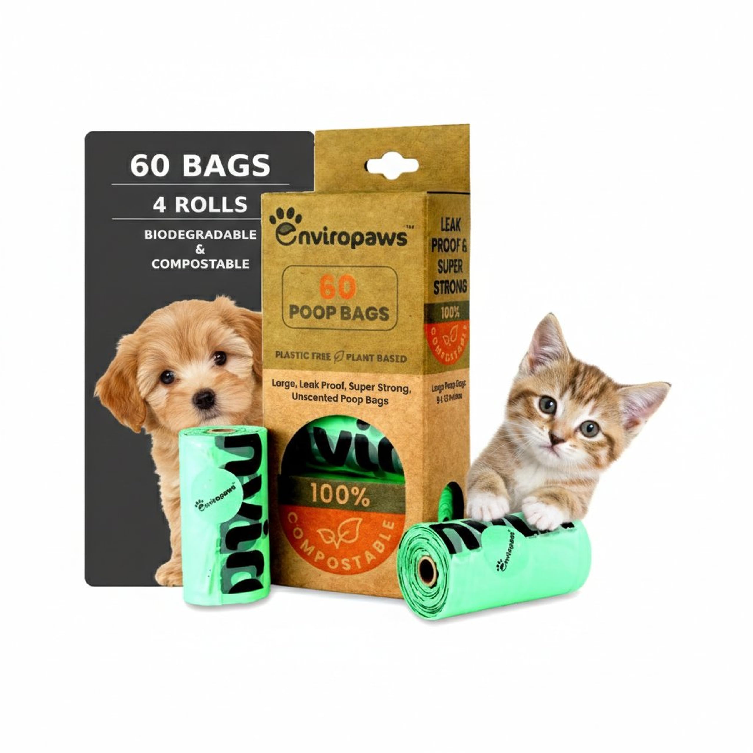 Enviropaws Biodegradable & Compostable Cat Poop Bags - 60 Dog & Cat Litter Bags (4 Rolls of 15 Bags) for Cat Waste - Leak Proof; Super Strong; Unscented; Extra Thick & Large Dog Poop Bags