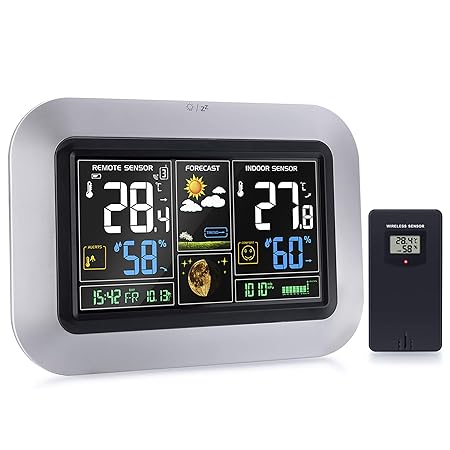 Kalawen Wetterstation mit Außensensor Innen und Außen 9-IN-1 Funkwetterstation mit Farbdisplay Digital Thermometer-Hygrometer Regenmesser und Uhrzeit Anzeige Silber für Zuhause Büro