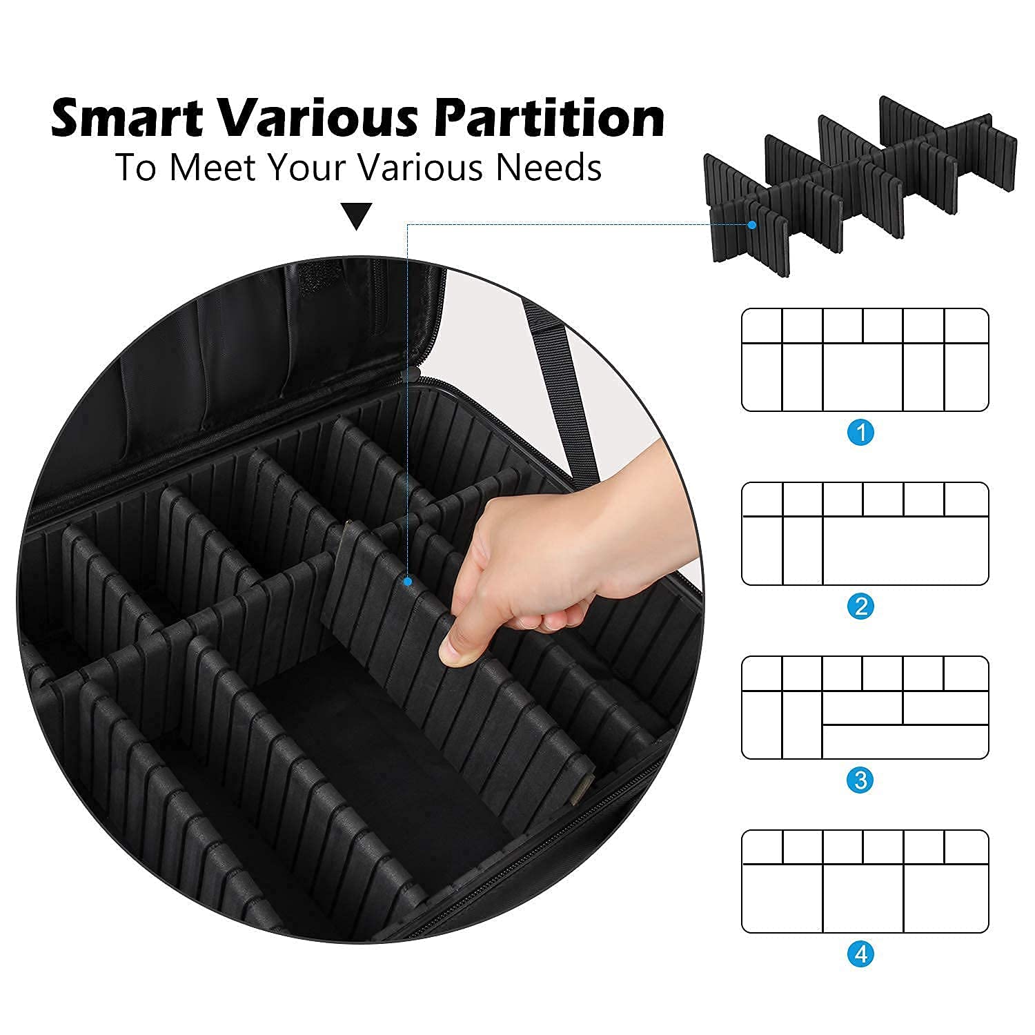 gzcz Travel Makeup Bag,Professional Cosmetic Bags for Women,Portable Makeup Brush Case Organizer Storage with Adjustable Dividers and Shoulder Strap (Medium)