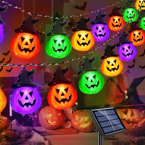 Ezzfairy Upgraded Solar Halloween Lights Outdoor, Solar Powered Pumpkin String Lights, 20LED 8 Modes Waterproof Halloween String Lights for Gardens Patio Landscape Halloween Decorations(Multicolor)