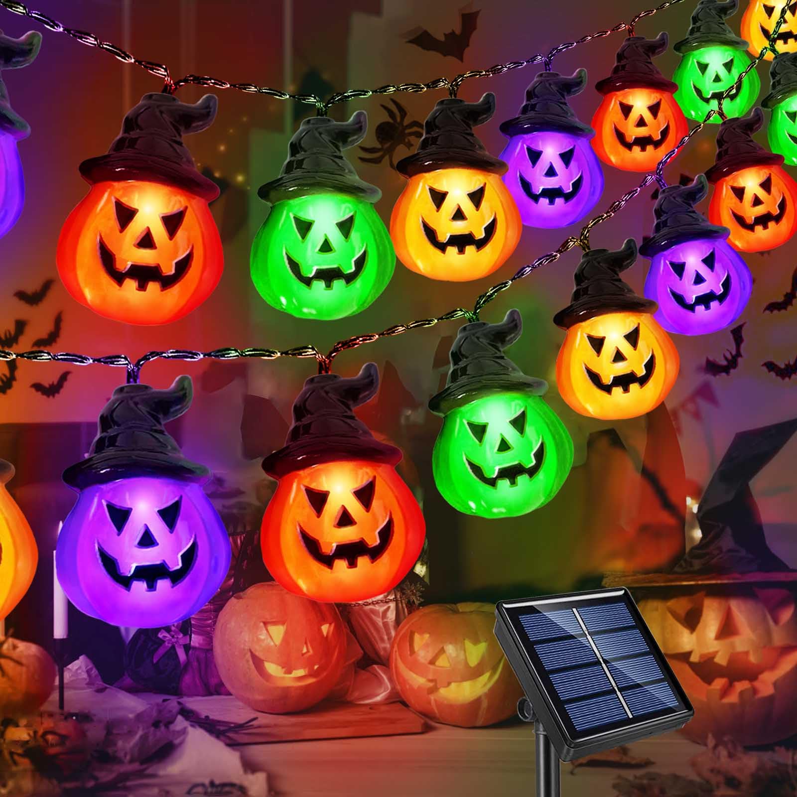 Ezzfairy Upgraded Solar Halloween Lights Outdoor, Solar Powered Pumpkin String Lights, 20LED 8 Modes Waterproof Halloween String Lights for Gardens Patio Landscape Halloween Decorations(Multicolor)