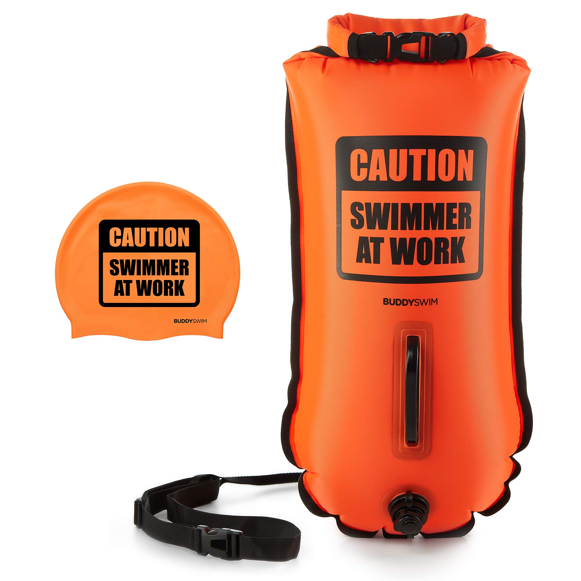 BUDDYSWIM Swim Buoy Dry Bag, 28L. Tow Float Swim Bubble for Open Water Swimmers. High visibility safety buoy float with two air chambers and storage to store personal items.