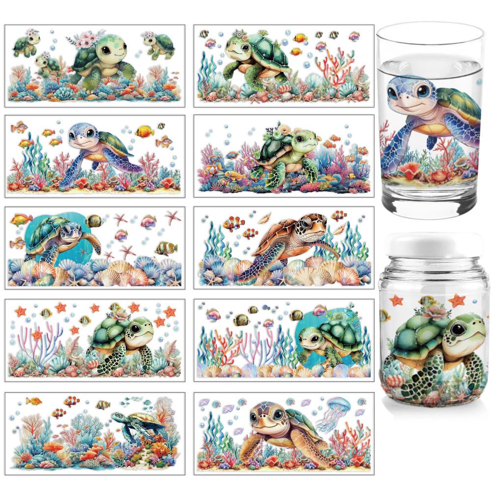 arricraft 10 Sheets UV DTF Cup Wrap, 10 Styles Cartoon Sea Turtle Fish Seaweed Rub on Transfers PVC Transfer Stickers Waterproof Rub Decals for DIY 16OZ Glass Cups Furniture Wood