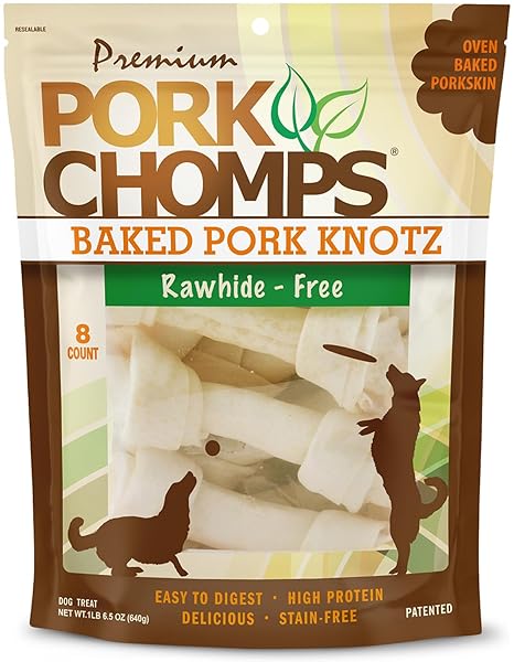 PORK CHOMPS BAKED PORK SKIN DOG CHEWS, 7-INCH KNOTS, 8 COUNT