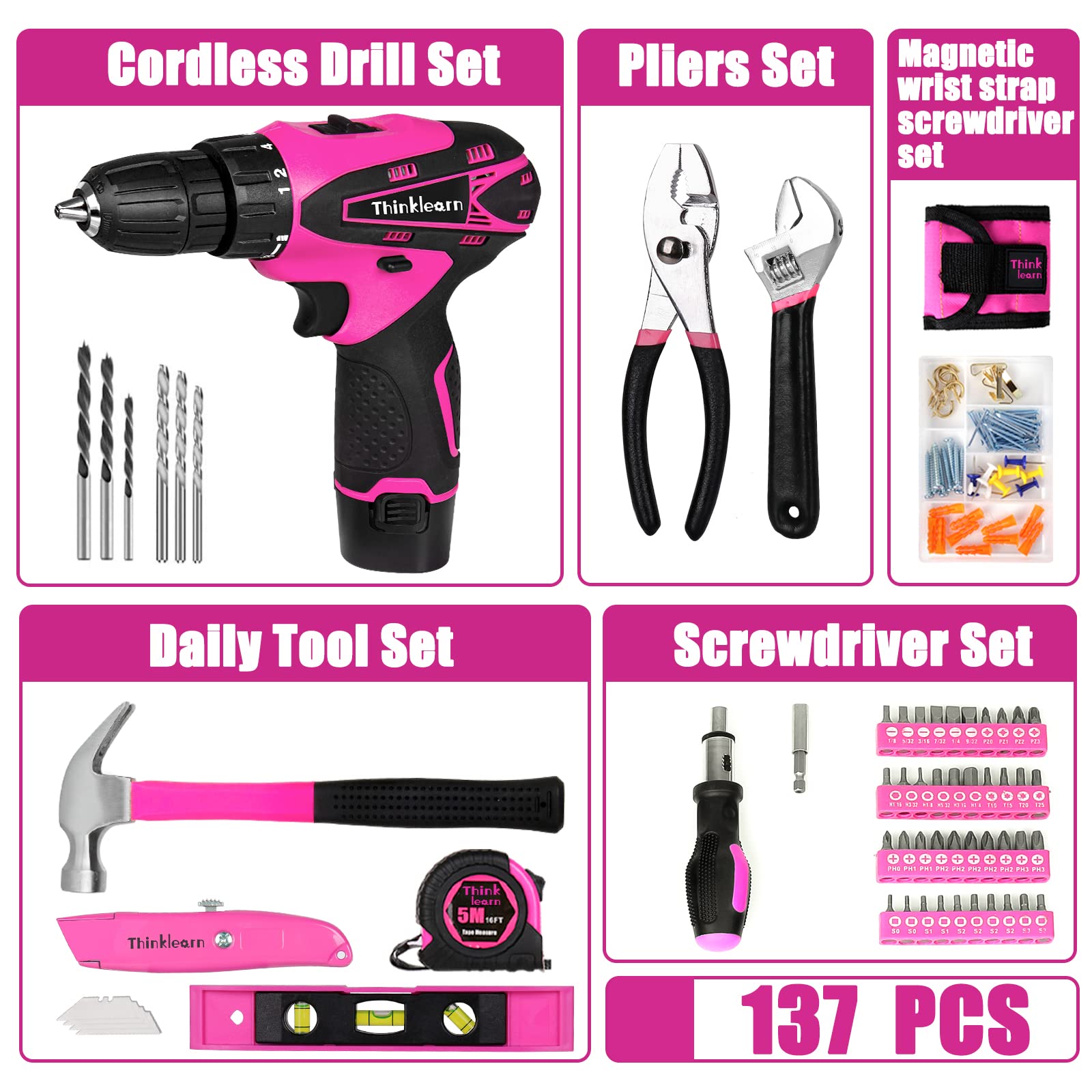 ThinkLearn Pink Drill Set for Women, 137 Piece Hand and Power Tool Set with 12V Cordless Drill, Home Tool Kit for DIY, Necessities for Daily Decoration and Maintenance, As a Creative Gift for Ladies