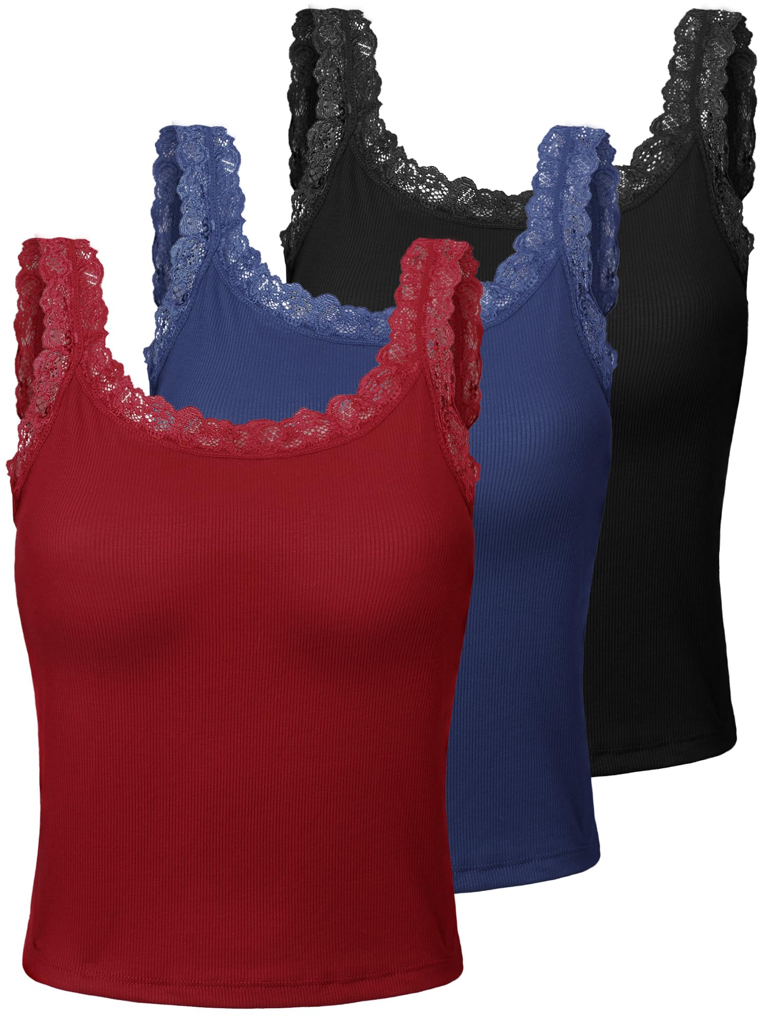 View 1 of Sintege 2 Pcs Women's Lace Patchwork Tank Top Lace Camisole Tank Sleeveless Cami Crop Lacework Trim Y2k Tops(Small,Black, Navy Blue, Wine Red)