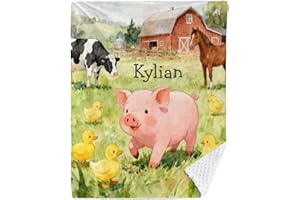 Farm Animals Pig Cow Duck Personalized Baby Blanket for Boys Girls,Custom with Name Soft Minky Blanket Double Layer Dotted 40