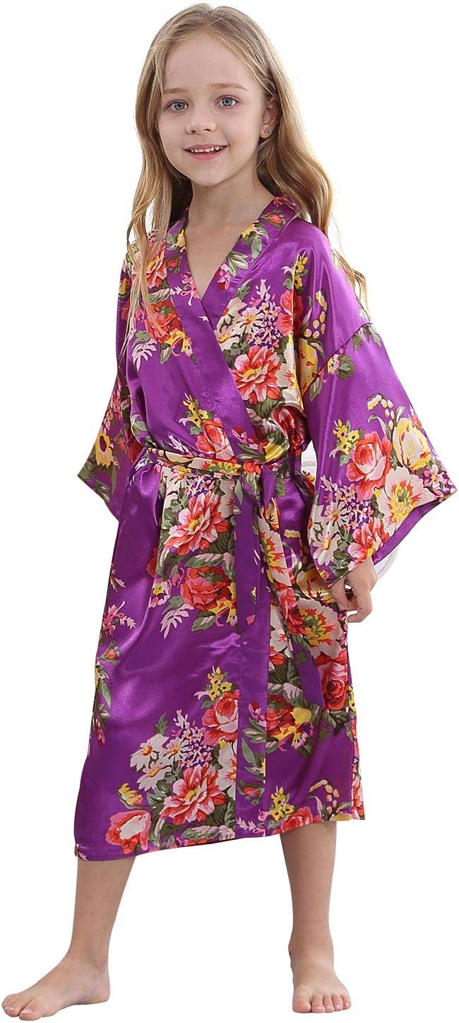 TIMSOPHIA Kids Satin Floral Kimono Robe-Flower Girl Bath Robe for Wedding Party Gift