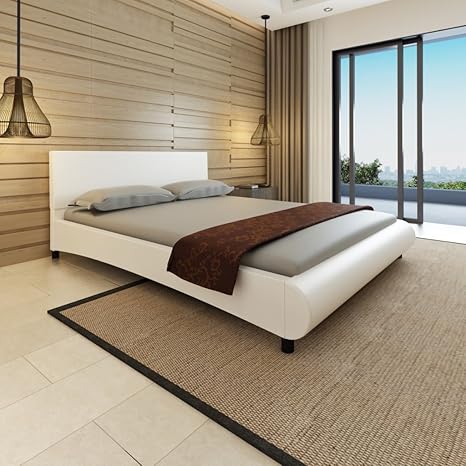 Anself Doppelbett Bett Ehebett Gästebett mit Kunstleder-Bezug 160x200cm ohne Matratze Weiß