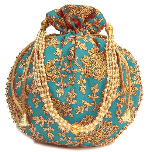Indian Handicraft Silk Women's/Girls Ethnic Rajasthani Party Wear Potli Bag Turquoise Color