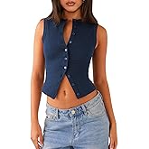 Pungdra Womens Button Down Tank Top Sleeveless Ribbed Fitted Vest Casual Crewneck Trendy Y2K Going Out Crop Knit Vest Top